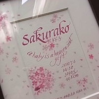 桜子ちゃんのベビーボードは桜の花をたくさんお描きしました。額の色はこげ茶です。